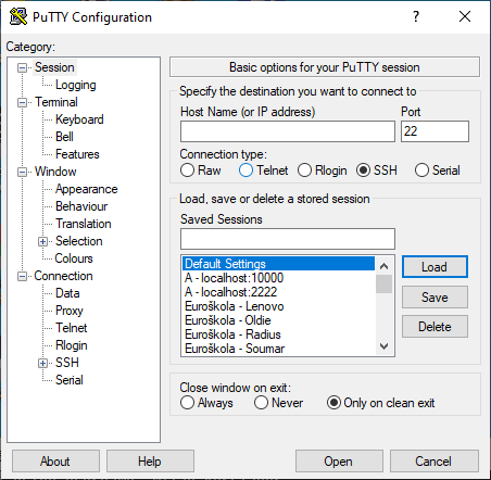 Soubor:PuTTY - Default settings.png
